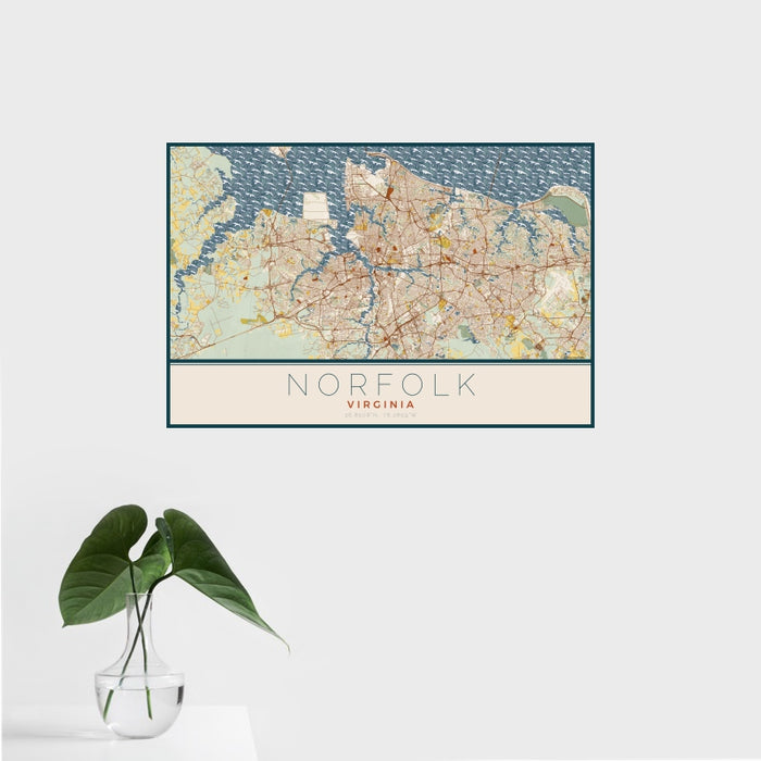 16x24 Norfolk Virginia Map Print Landscape Orientation in Woodblock Style With Tropical Plant Leaves in Water