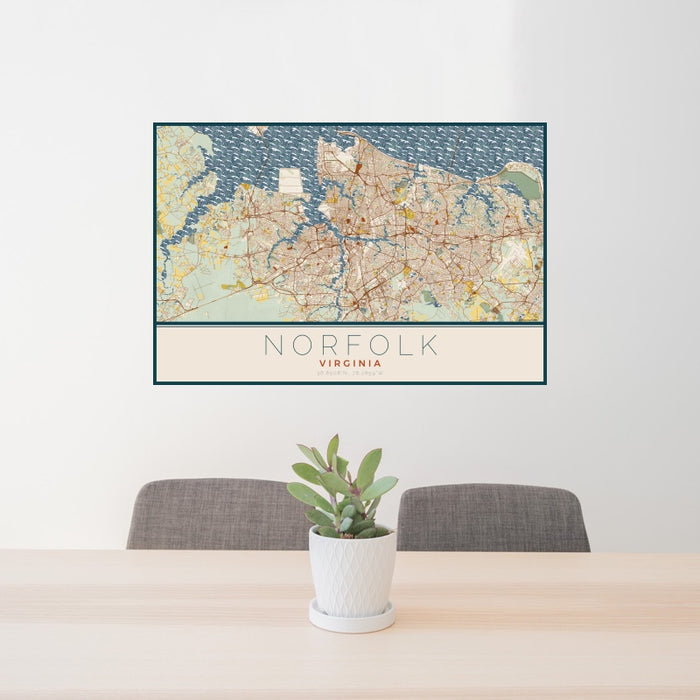 24x36 Norfolk Virginia Map Print Landscape Orientation in Woodblock Style Behind 2 Chairs Table and Potted Plant