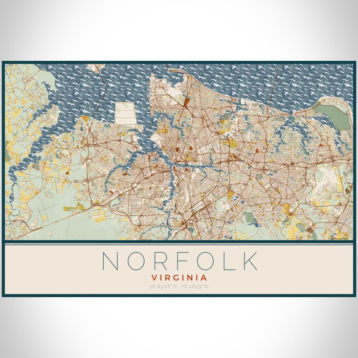 Norfolk Virginia Map Print Landscape Orientation in Woodblock Style With Shaded Background