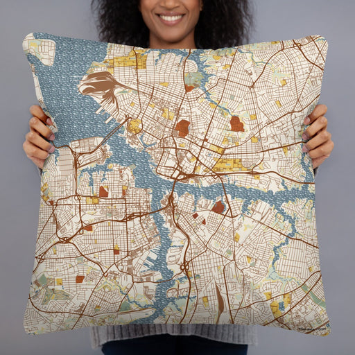 Person holding 22x22 Custom Norfolk Virginia Map Throw Pillow in Woodblock