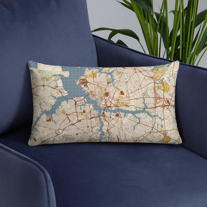Custom Norfolk Virginia Map Throw Pillow in Woodblock on Blue Colored Chair