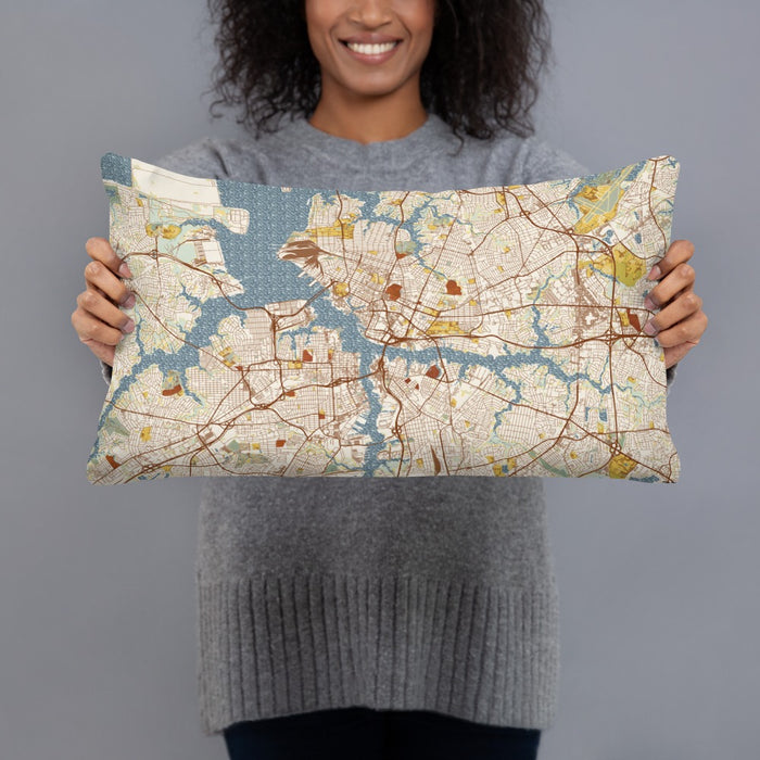 Person holding 20x12 Custom Norfolk Virginia Map Throw Pillow in Woodblock