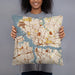 Person holding 18x18 Custom Norfolk Virginia Map Throw Pillow in Woodblock