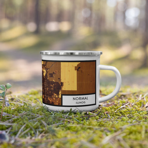 Right View Custom Normal Illinois Map Enamel Mug in Ember on Grass With Trees in Background