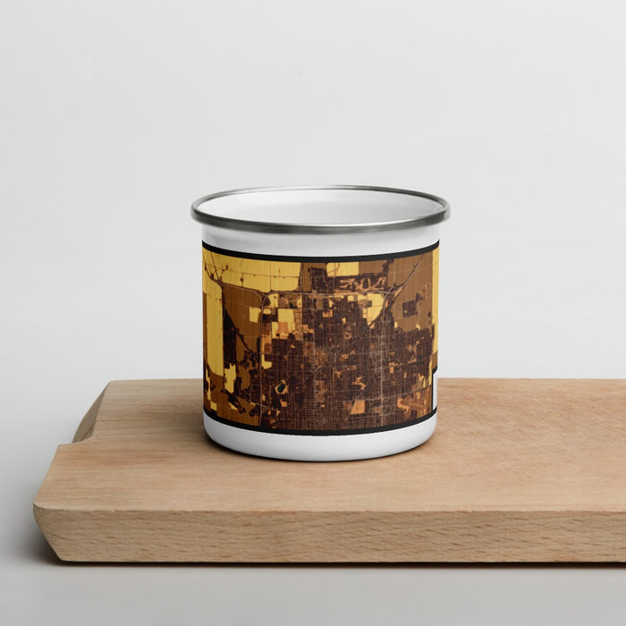 Front View Custom Normal Illinois Map Enamel Mug in Ember on Cutting Board