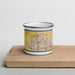 Front View Custom Normal Illinois Map Enamel Mug in Woodblock on Cutting Board