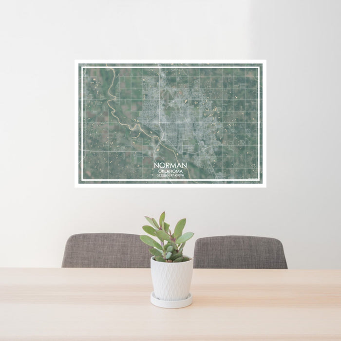 24x36 Norman Oklahoma Map Print Lanscape Orientation in Afternoon Style Behind 2 Chairs Table and Potted Plant
