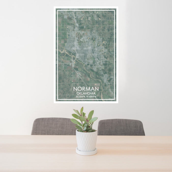 24x36 Norman Oklahoma Map Print Portrait Orientation in Afternoon Style Behind 2 Chairs Table and Potted Plant