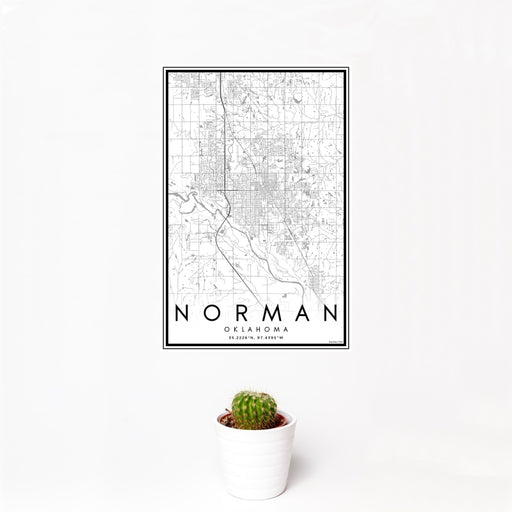 12x18 Norman Oklahoma Map Print Portrait Orientation in Classic Style With Small Cactus Plant in White Planter
