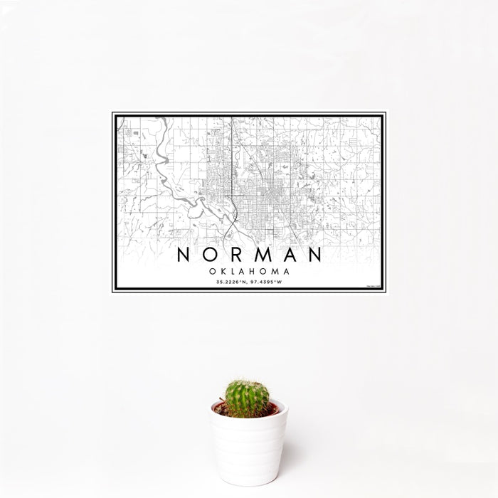 12x18 Norman Oklahoma Map Print Landscape Orientation in Classic Style With Small Cactus Plant in White Planter
