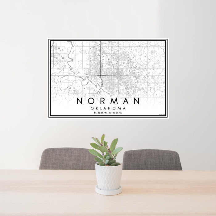 24x36 Norman Oklahoma Map Print Landscape Orientation in Classic Style Behind 2 Chairs Table and Potted Plant