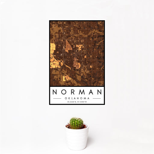 12x18 Norman Oklahoma Map Print Portrait Orientation in Ember Style With Small Cactus Plant in White Planter