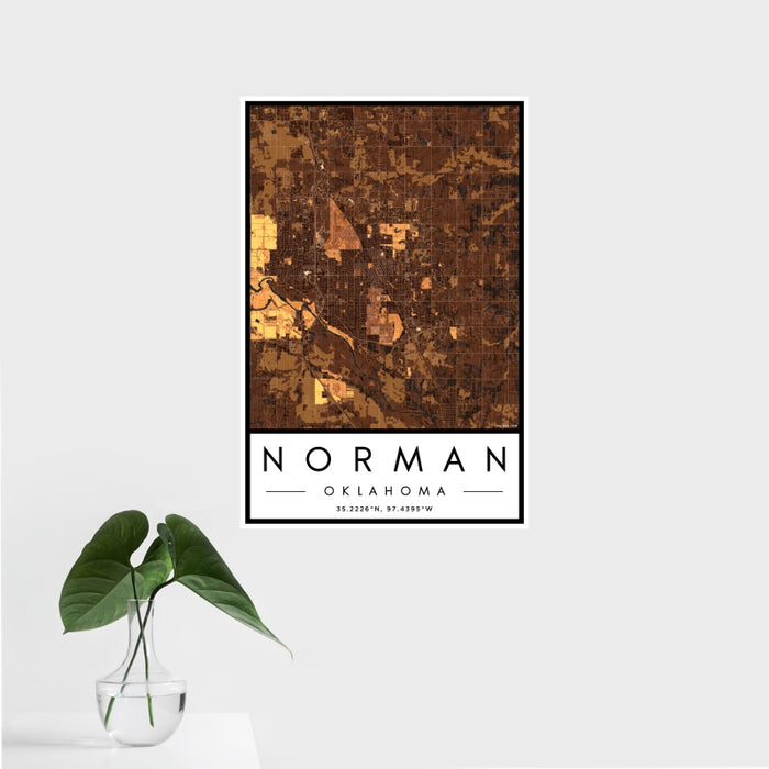 16x24 Norman Oklahoma Map Print Portrait Orientation in Ember Style With Tropical Plant Leaves in Water