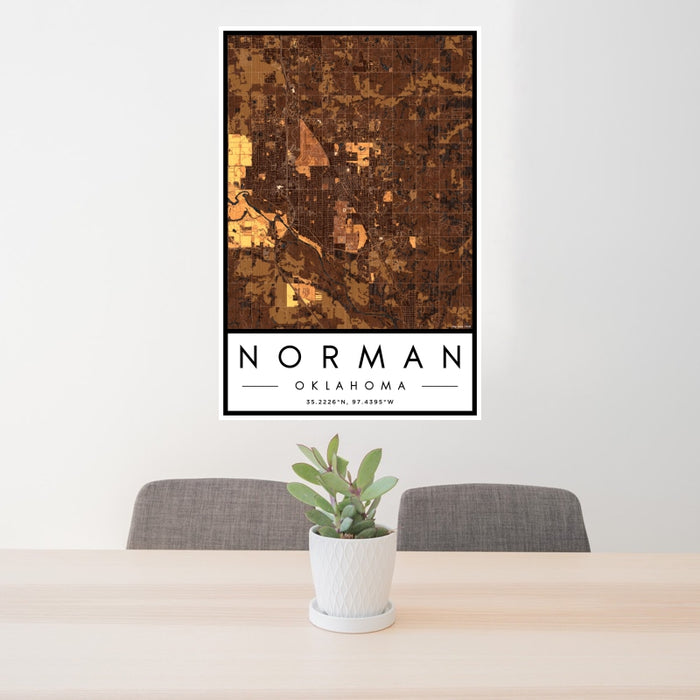 24x36 Norman Oklahoma Map Print Portrait Orientation in Ember Style Behind 2 Chairs Table and Potted Plant