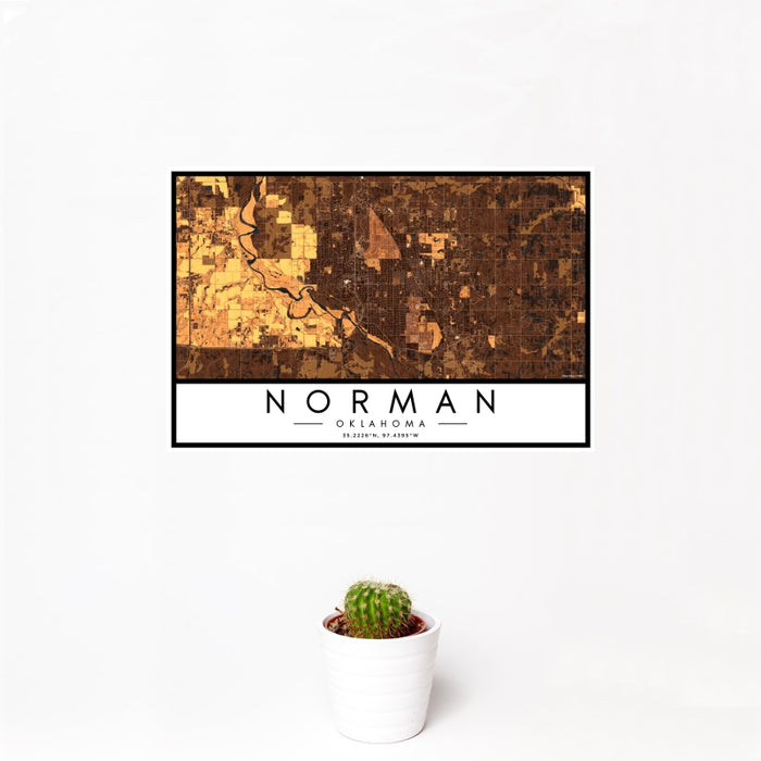 12x18 Norman Oklahoma Map Print Landscape Orientation in Ember Style With Small Cactus Plant in White Planter