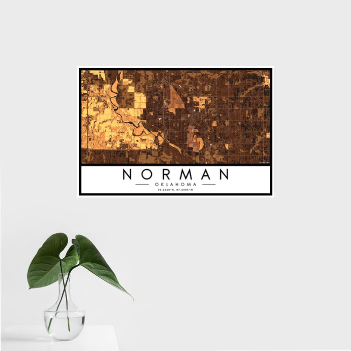16x24 Norman Oklahoma Map Print Landscape Orientation in Ember Style With Tropical Plant Leaves in Water