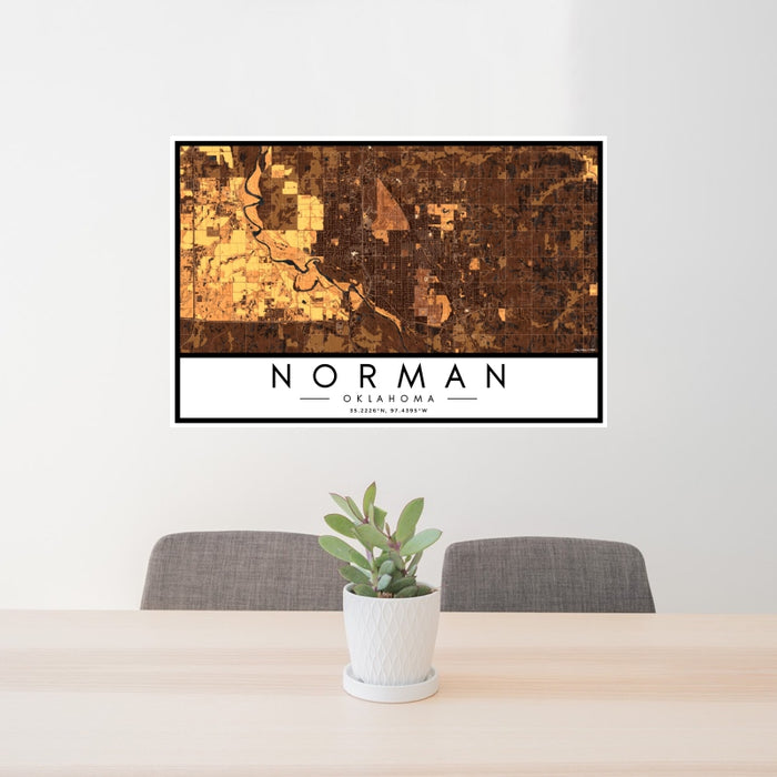 24x36 Norman Oklahoma Map Print Landscape Orientation in Ember Style Behind 2 Chairs Table and Potted Plant