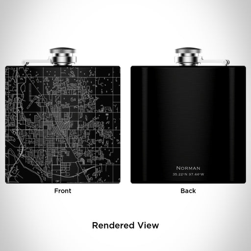 Rendered View of Norman Oklahoma Map Engraving on 6oz Stainless Steel Flask in Black
