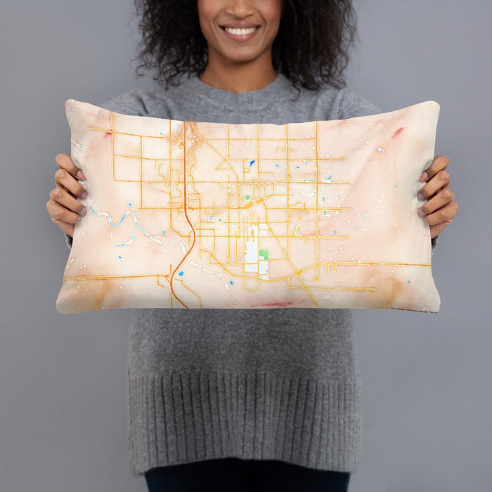 Person holding 20x12 Custom Norman Oklahoma Map Throw Pillow in Watercolor