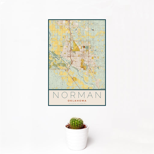 12x18 Norman Oklahoma Map Print Portrait Orientation in Woodblock Style With Small Cactus Plant in White Planter