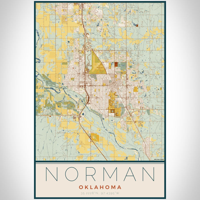 Norman Oklahoma Map Print Portrait Orientation in Woodblock Style With Shaded Background
