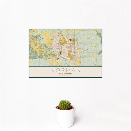 12x18 Norman Oklahoma Map Print Landscape Orientation in Woodblock Style With Small Cactus Plant in White Planter