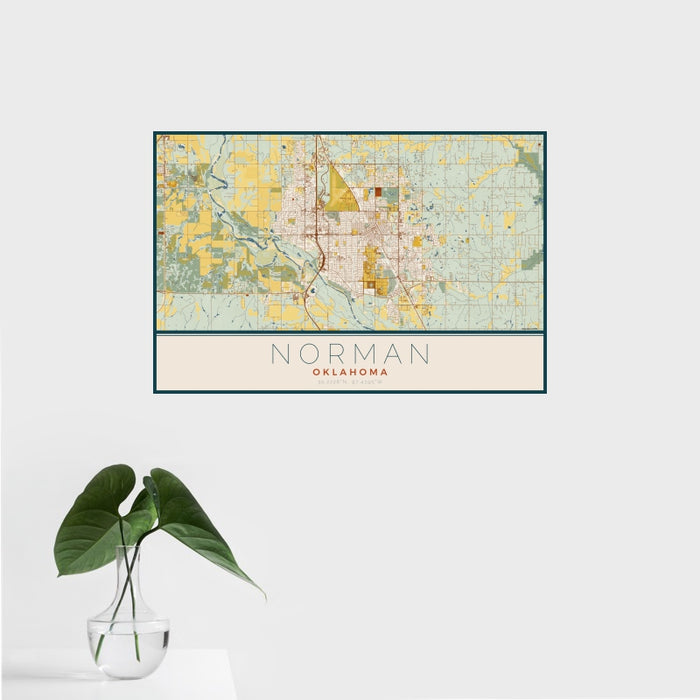 16x24 Norman Oklahoma Map Print Landscape Orientation in Woodblock Style With Tropical Plant Leaves in Water