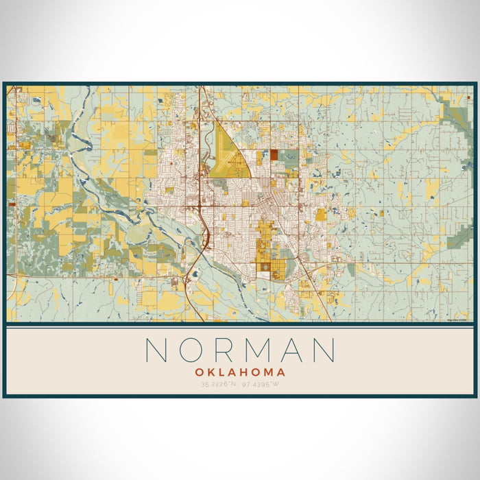 Norman Oklahoma Map Print Landscape Orientation in Woodblock Style With Shaded Background