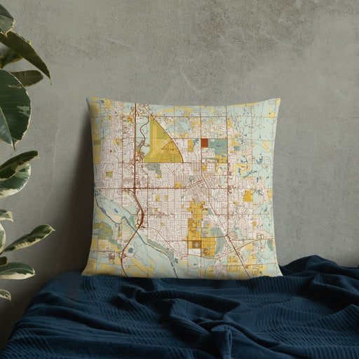 Custom Norman Oklahoma Map Throw Pillow in Woodblock on Bedding Against Wall