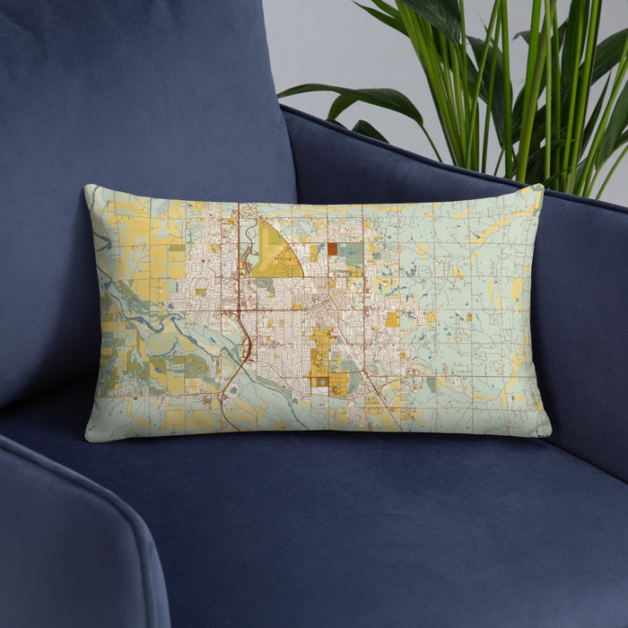 Custom Norman Oklahoma Map Throw Pillow in Woodblock on Blue Colored Chair