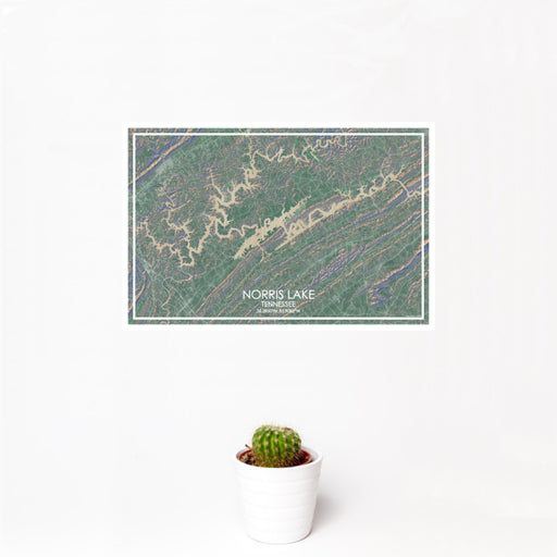 12x18 Norris Lake Tennessee Map Print Landscape Orientation in Afternoon Style With Small Cactus Plant in White Planter