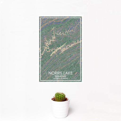 12x18 Norris Lake Tennessee Map Print Portrait Orientation in Afternoon Style With Small Cactus Plant in White Planter