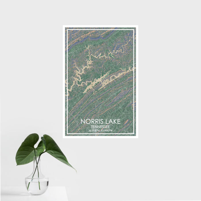 16x24 Norris Lake Tennessee Map Print Portrait Orientation in Afternoon Style With Tropical Plant Leaves in Water