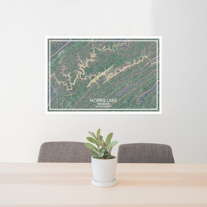 24x36 Norris Lake Tennessee Map Print Lanscape Orientation in Afternoon Style Behind 2 Chairs Table and Potted Plant