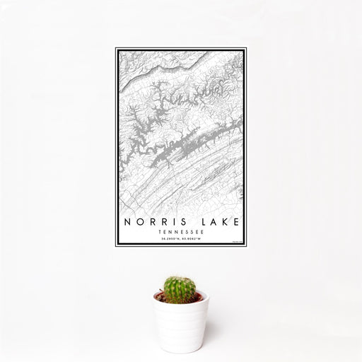 12x18 Norris Lake Tennessee Map Print Portrait Orientation in Classic Style With Small Cactus Plant in White Planter