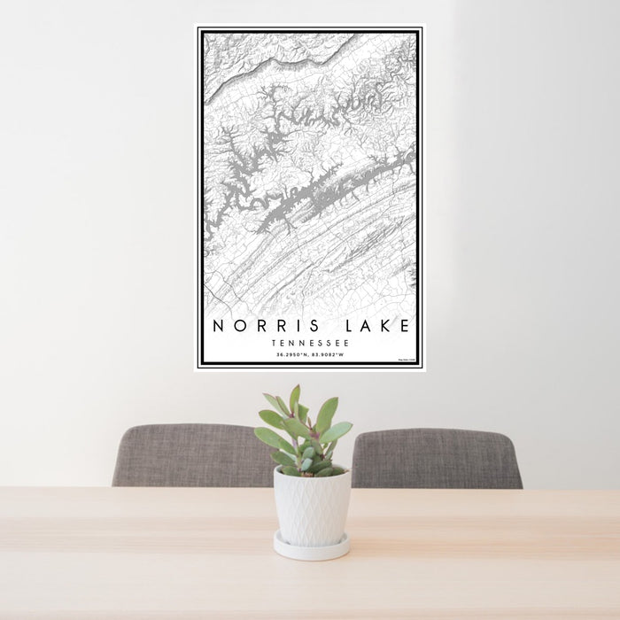 24x36 Norris Lake Tennessee Map Print Portrait Orientation in Classic Style Behind 2 Chairs Table and Potted Plant