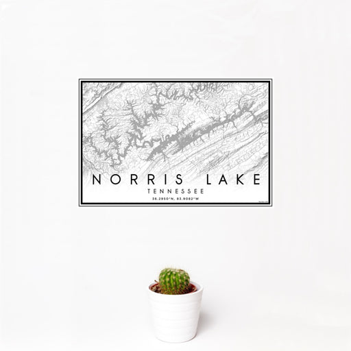 12x18 Norris Lake Tennessee Map Print Landscape Orientation in Classic Style With Small Cactus Plant in White Planter