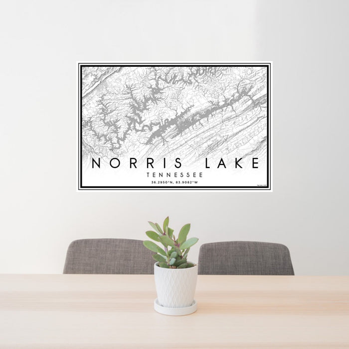 24x36 Norris Lake Tennessee Map Print Landscape Orientation in Classic Style Behind 2 Chairs Table and Potted Plant