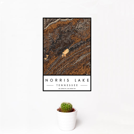12x18 Norris Lake Tennessee Map Print Portrait Orientation in Ember Style With Small Cactus Plant in White Planter