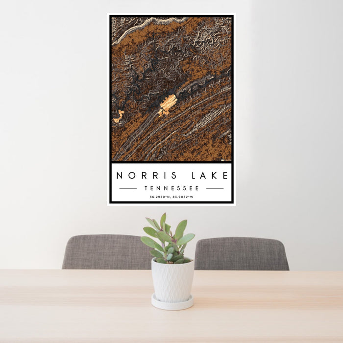 24x36 Norris Lake Tennessee Map Print Portrait Orientation in Ember Style Behind 2 Chairs Table and Potted Plant