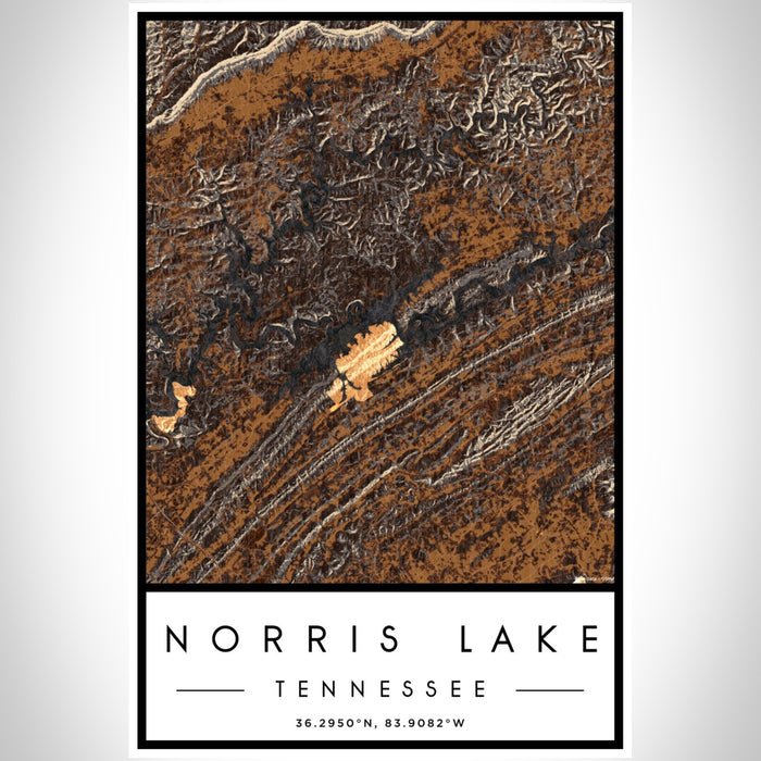Norris Lake Tennessee Map Print Portrait Orientation in Ember Style With Shaded Background
