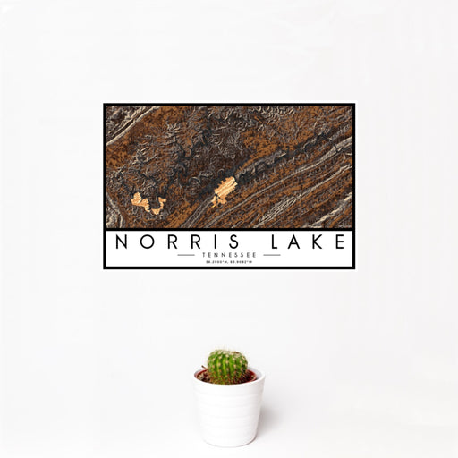 12x18 Norris Lake Tennessee Map Print Landscape Orientation in Ember Style With Small Cactus Plant in White Planter
