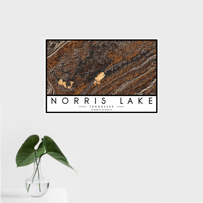 16x24 Norris Lake Tennessee Map Print Landscape Orientation in Ember Style With Tropical Plant Leaves in Water