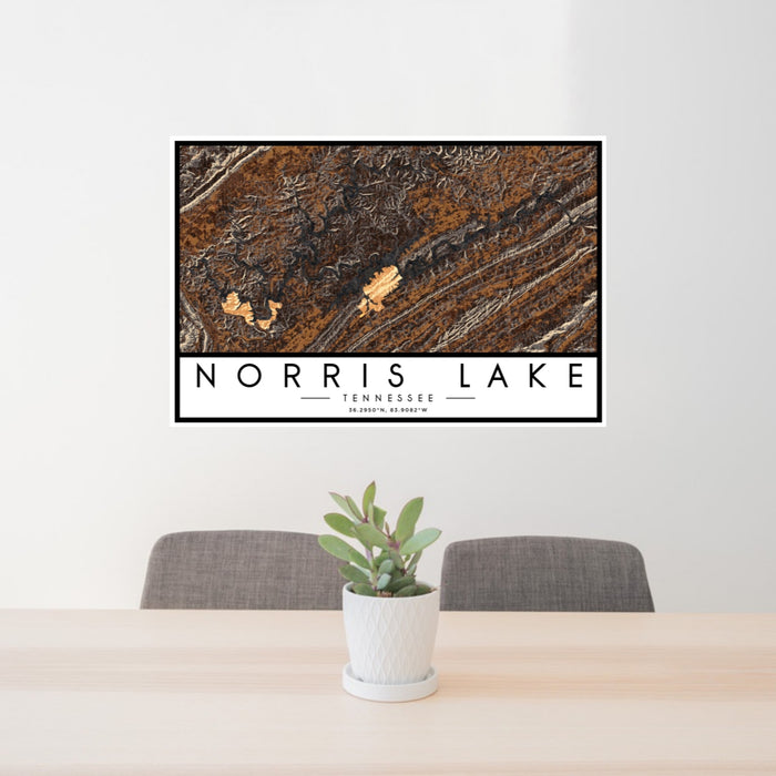 24x36 Norris Lake Tennessee Map Print Landscape Orientation in Ember Style Behind 2 Chairs Table and Potted Plant