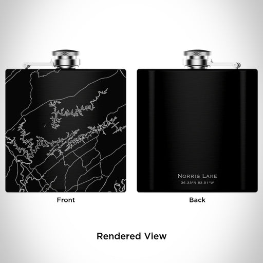 Rendered View of Norris Lake Tennessee Map Engraving on 6oz Stainless Steel Flask in Black