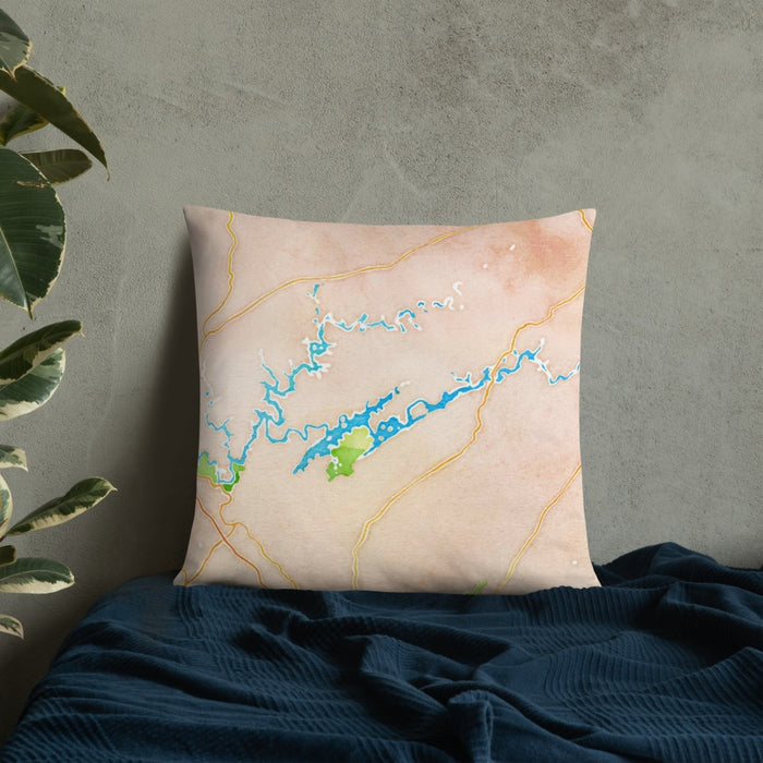 Custom Norris Lake Tennessee Map Throw Pillow in Watercolor on Bedding Against Wall