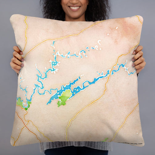 Person holding 22x22 Custom Norris Lake Tennessee Map Throw Pillow in Watercolor