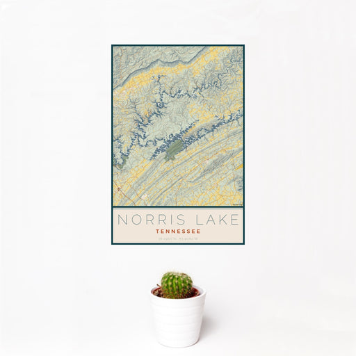 12x18 Norris Lake Tennessee Map Print Portrait Orientation in Woodblock Style With Small Cactus Plant in White Planter