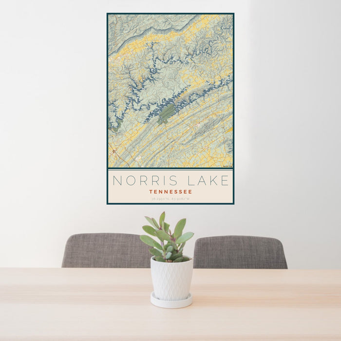 24x36 Norris Lake Tennessee Map Print Portrait Orientation in Woodblock Style Behind 2 Chairs Table and Potted Plant