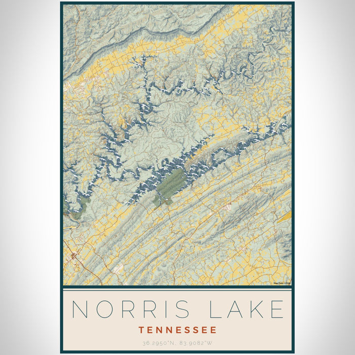 Norris Lake Tennessee Map Print Portrait Orientation in Woodblock Style With Shaded Background